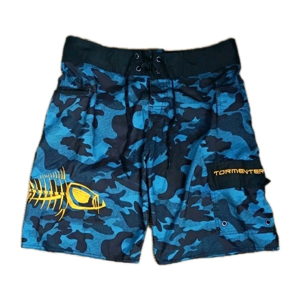 TORMENTER Mens Size 32 Blue Black Camo Embroidered Fishbone Board Shorts Beach